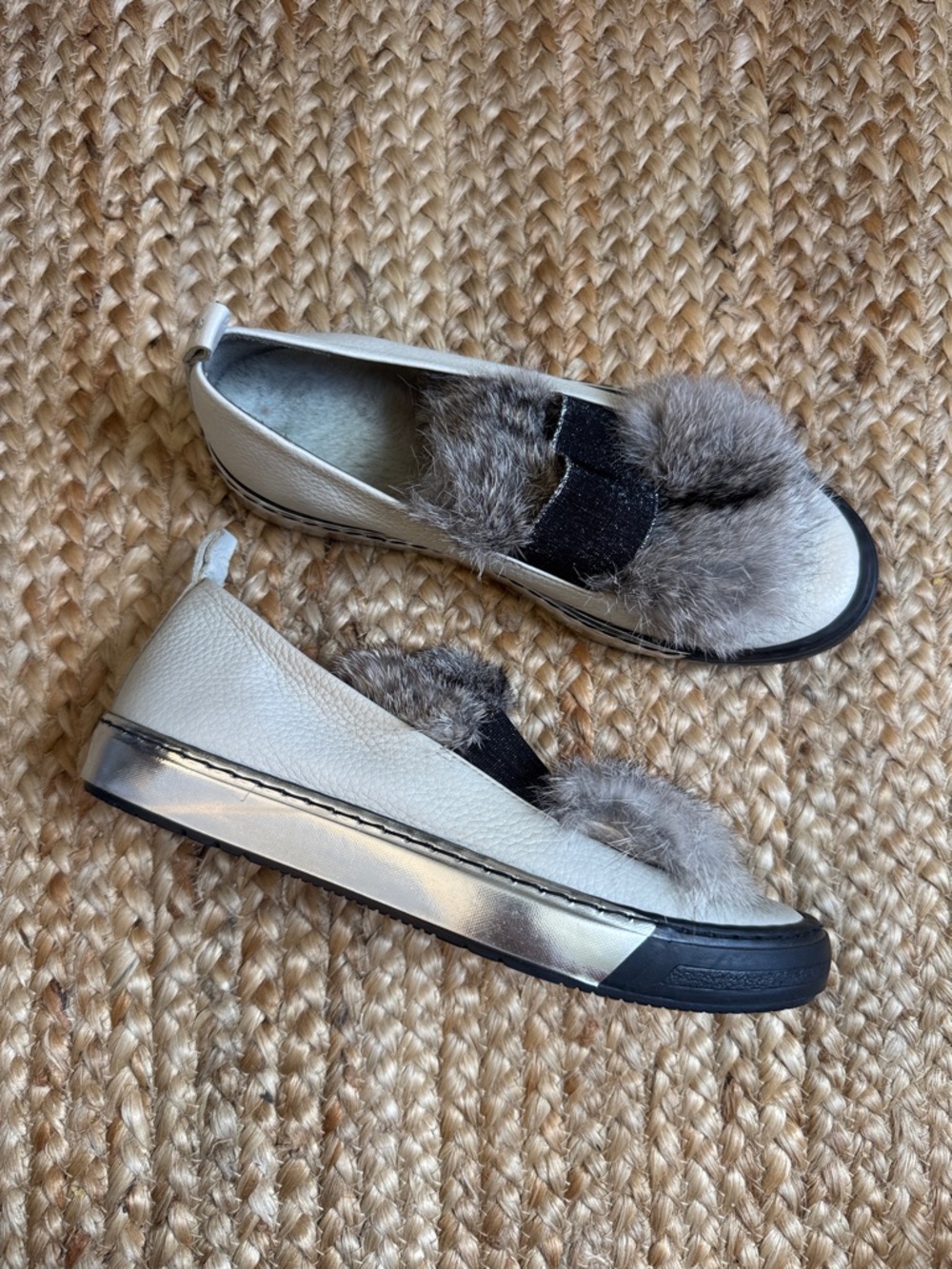 Henry Beguelin 37 Cream Grey Silver fur-trimmed leather slip-on sneakers